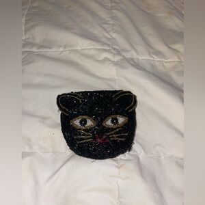 Vintage Beaded Black Cat Face Coin Purse Wallet